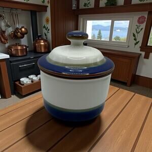 Vintage Porsgrund Saga Sugar Bowl & Lid Sanders Eystein Blue Rim MCM‎